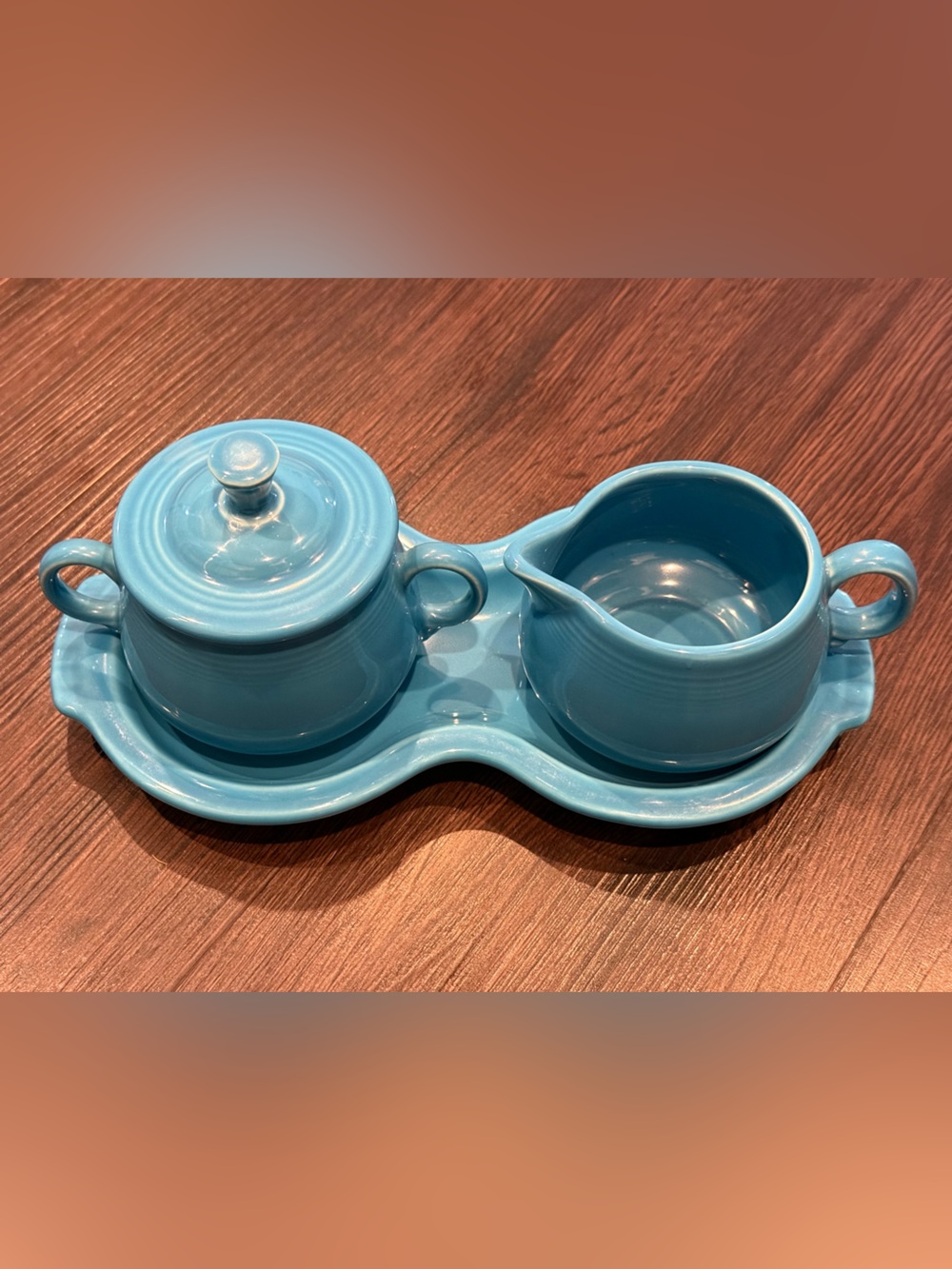 Fiesta Peacock Blue Creamer and Sugar Tray Set